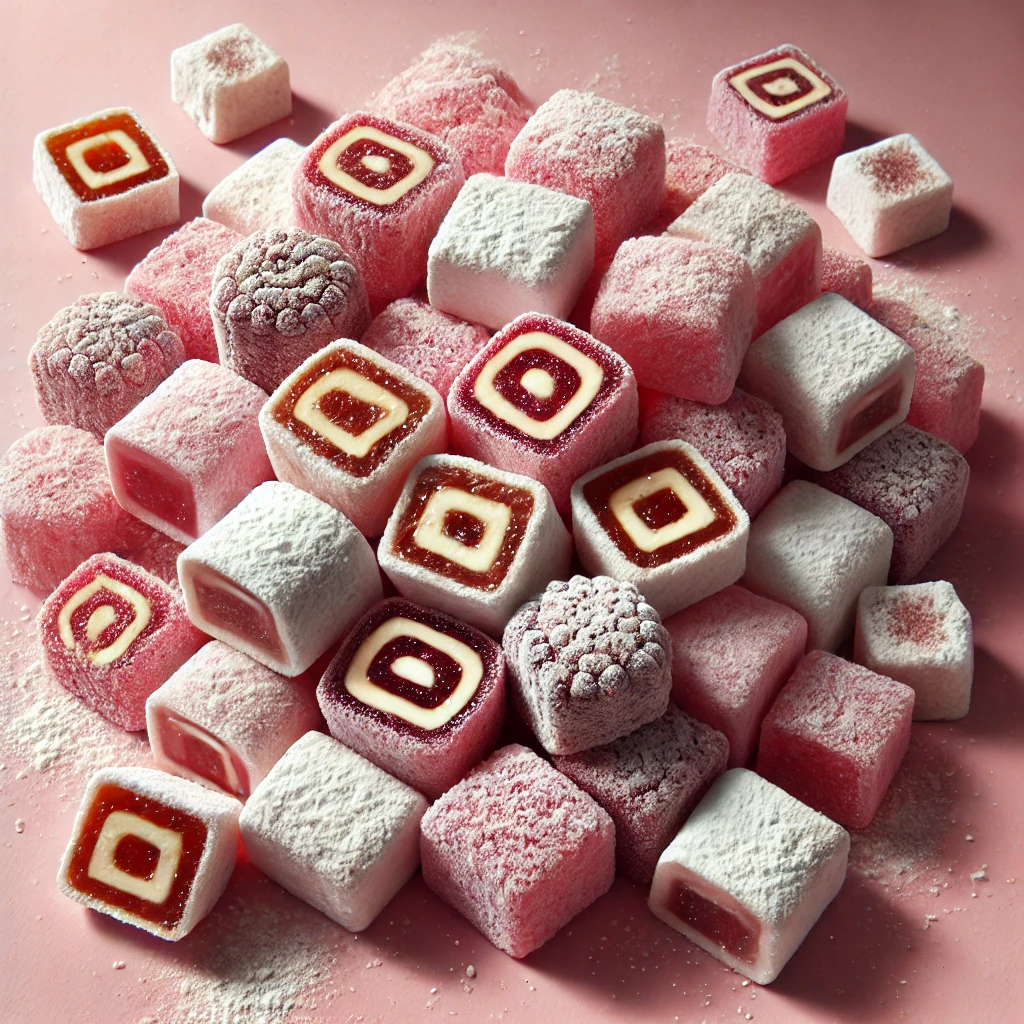 An image of assorted Turkish delights arranged on a mostly pink background. The Turkish delights are dusted with powder